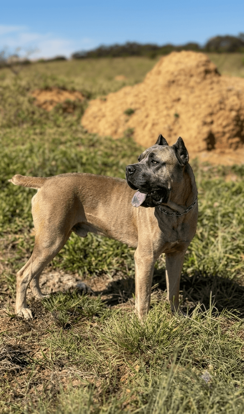 Reino Dell Corso Werdum, macho Cane Corso Italiano formentino, em pé em campo aberto.