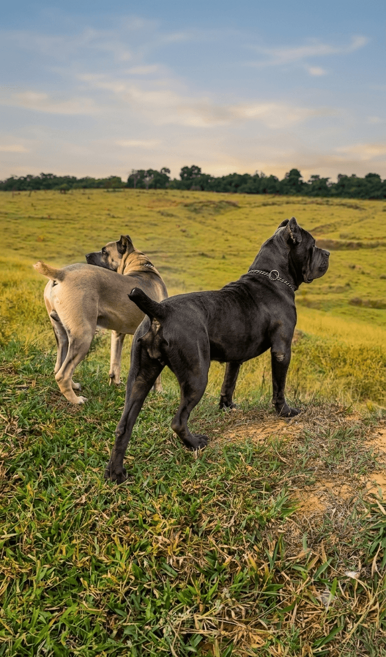 Reino Dell Corso Werdum e Reino Dell Corso Zara de costas, olhando o horizonte em campo aberto.